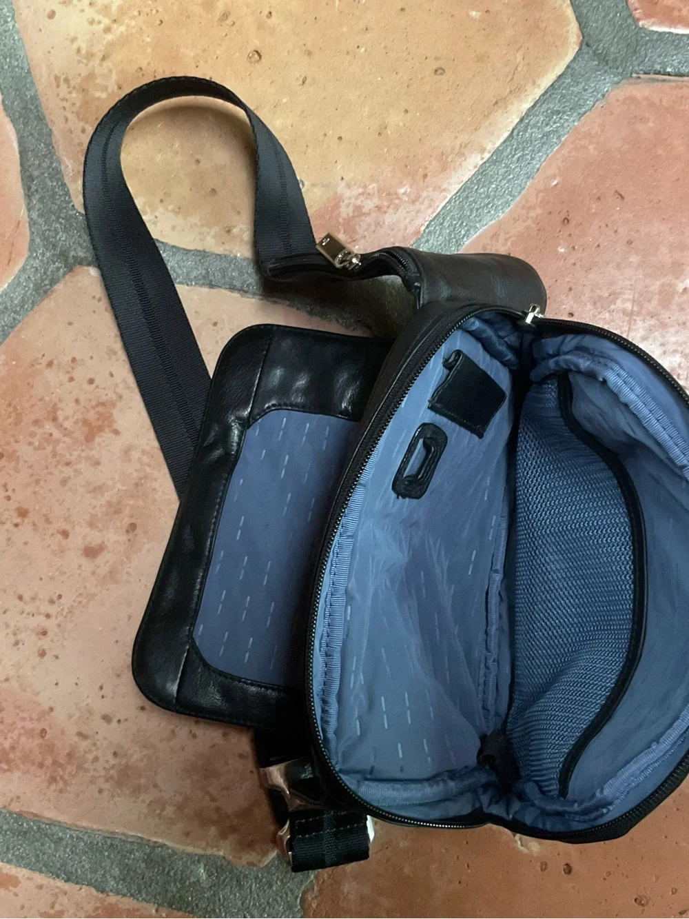 Black Leather Crossbody Sling Bag by Tumi unisex